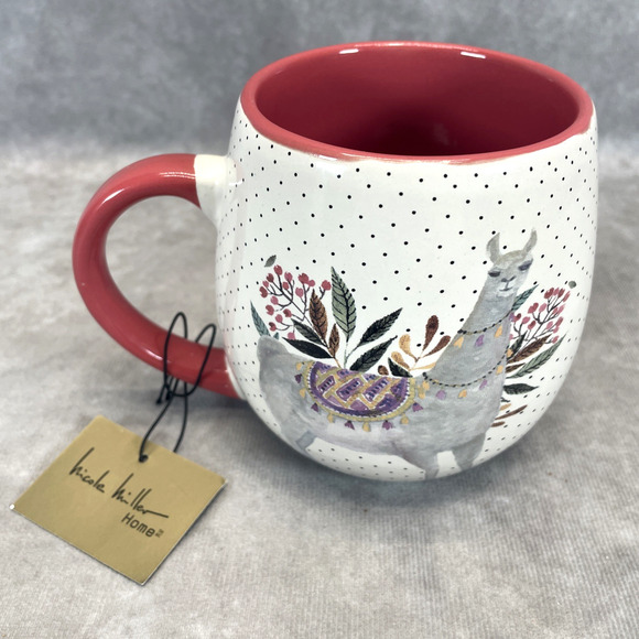 NEW Nicole Miller Home Ceramic Llama 18 oz Coffee Mug w/Floral Polka Dot Details - Picture 1 of 7